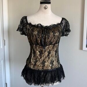 Y2K Vintage Black lace milk maid top bow detail ruffle hem Gold satin lining